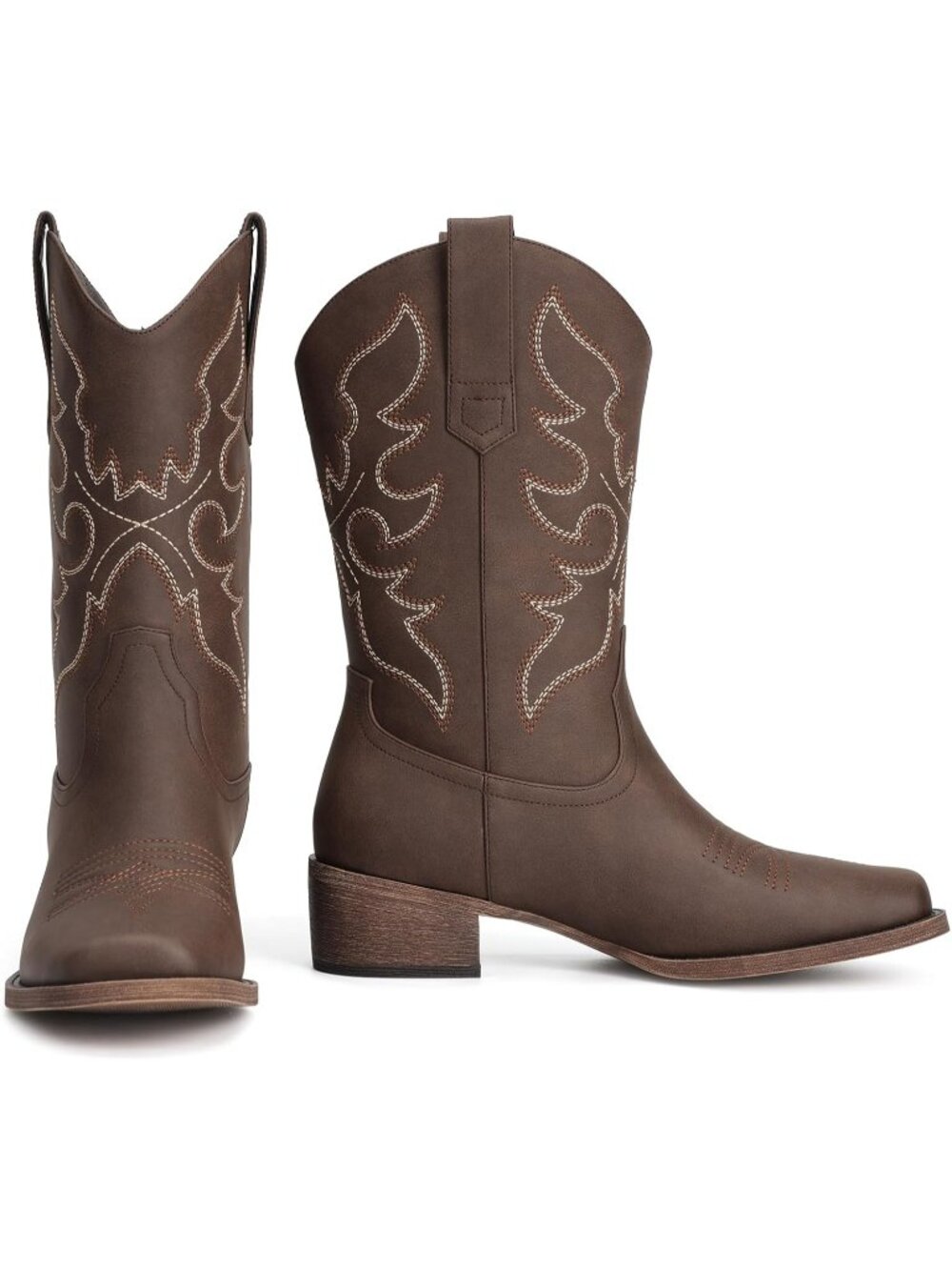 Women Dark Brown Faux Leather Toe Cowboy Boots Mid-Calf Embroidered Chunky Heel - Picture 5 of 5